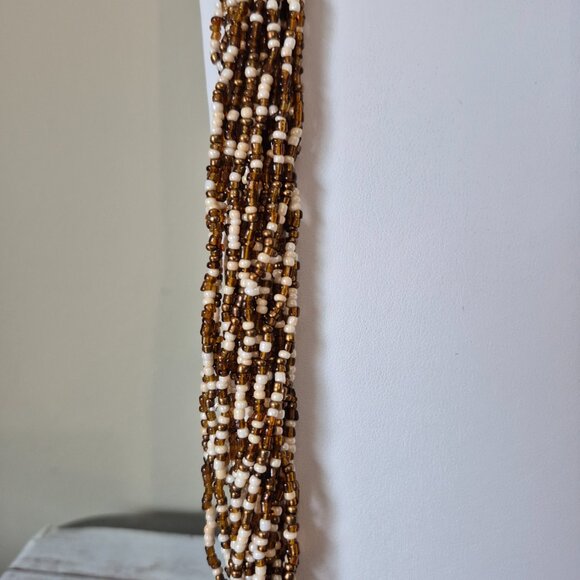NIB Multistrand Colorful Wood and Seed Beed Necklace Brown and Ivory Tones - Picture 2 of 6